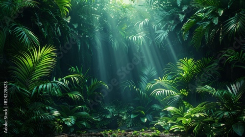 Background Tropical. Hidden in the lush foliage  vibrant flowers burst forth  their dazzling colors and bright petals standing out against the endless green backdrop.