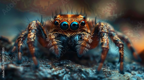 A macro shot of a cute spider with big eyes