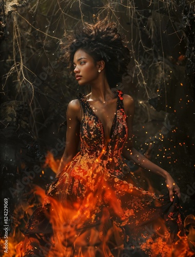 Regal Afro woman in molten lava-inspired attire, personifying the raw energy of the natural world © fourtakig