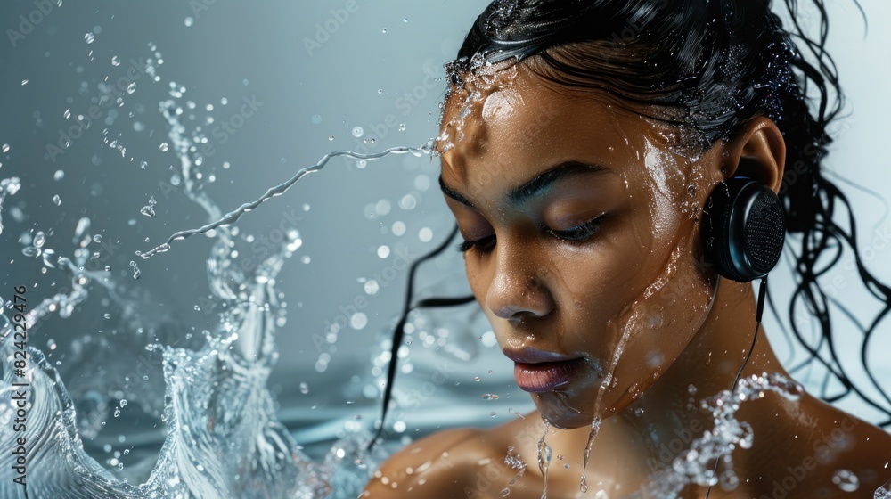 Obraz premium Serene Escape Woman Listening to Music in Water with Splashing Water on Her Face and Hair