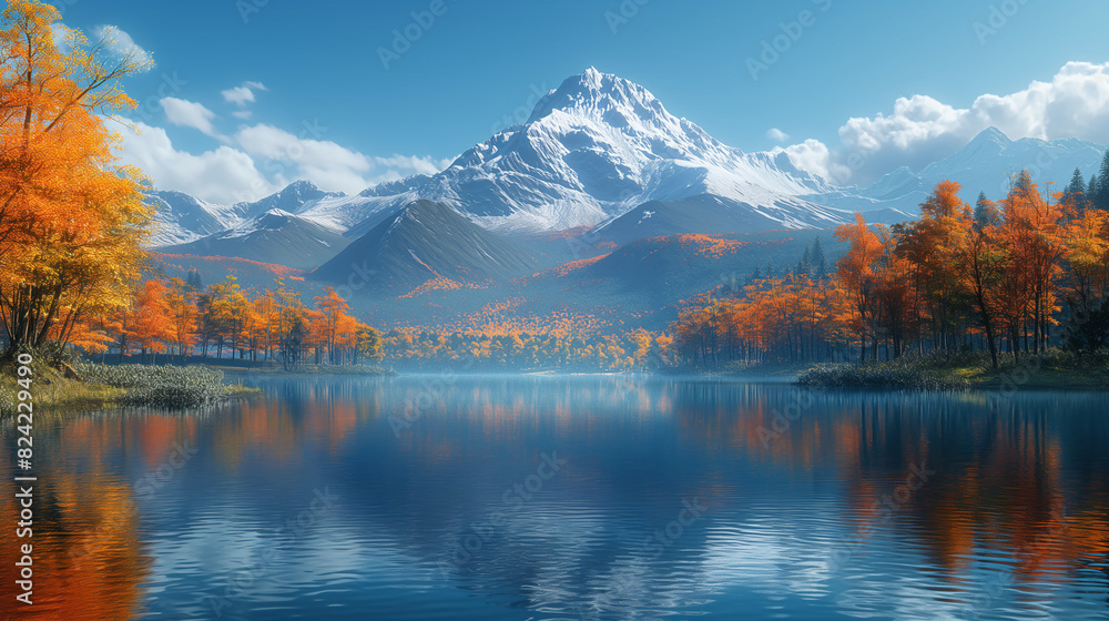 A serene autumn landscape with a clear blue lake surrounded by vibrant orange and yellow trees A serene autumn landscape with a clear blue lake surrounded by vibrant orange and yellow trees