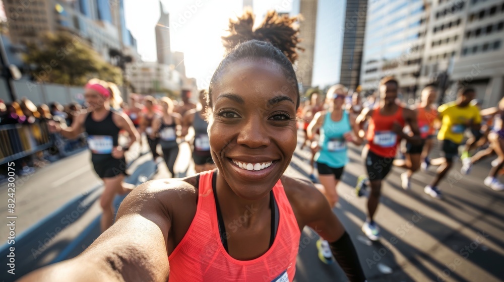 Black female marathon runner celebrating mid-race. Smiling runner taking a photo on her phone while running. Black female marathon runner celebrating mid-race. Smiling runner taking a photo on her phone while running.