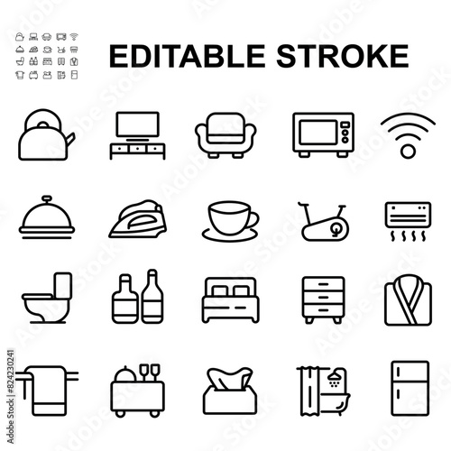 Hotel facilities icon collection. Thin line icon. Contains icons such as Television, Bed, and many more