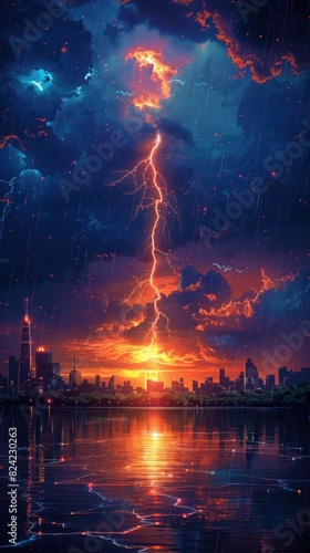 An ultra-realistic business scene with thunder and lightning, showcasing growth and success, designed for die-cut stickers