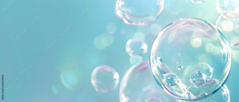 Transparent Soap Bubbles on soft blue Background, wallpaper, banner. horizontal.