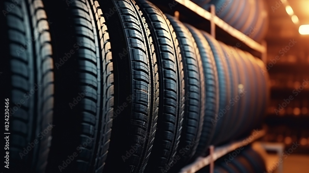 Fototapeta premium A photo of a stack of car tires in a repair shop.