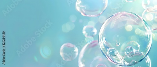 Transparent Soap Bubbles on soft blue Background  wallpaper  banner. horizontal.