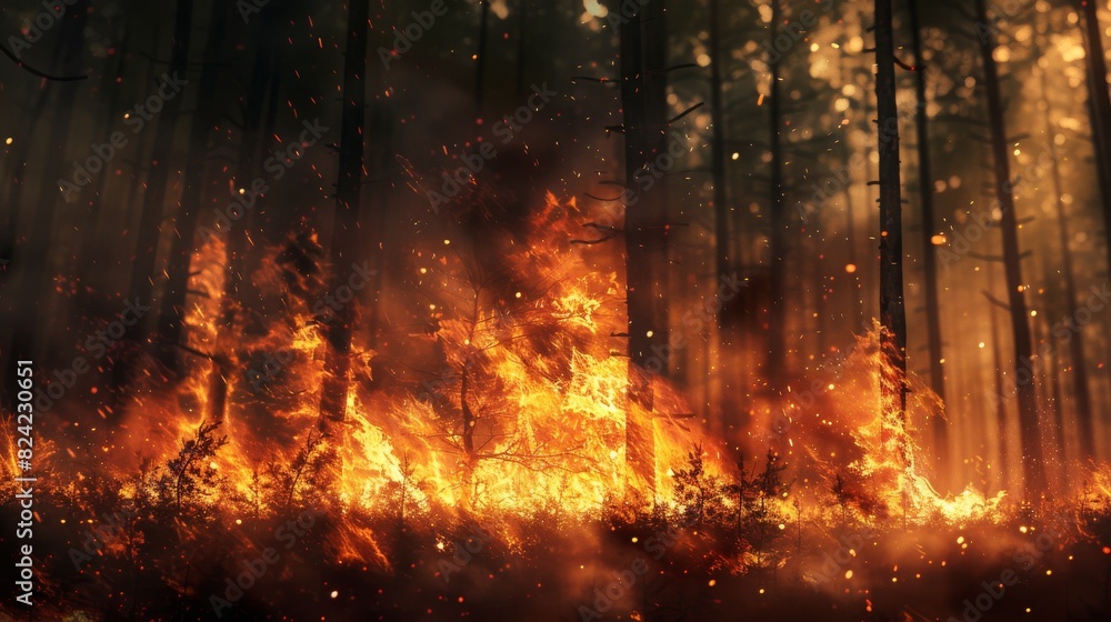 Devastating forest fire burning trees, wildfire destruction. Flames engulfing trees, smoke rising from a burning forest. Devastating forest fire burning trees, wildfire destruction. Flames engulfing trees, smoke rising from a burning forest.