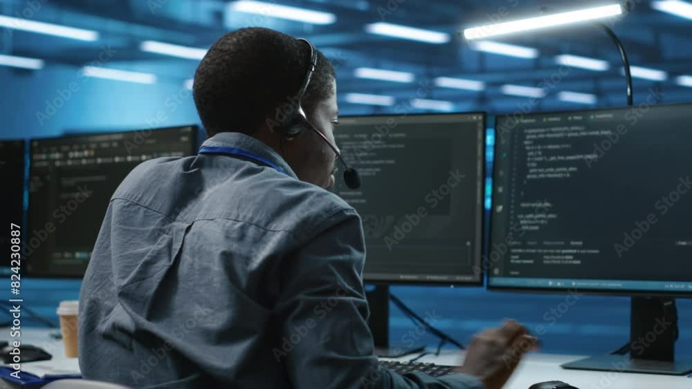 IT support worker in data center talking in headset mic with coworkers, coding on computer. Man discussing with colleagues using headphones microphone, overseeing server clusters IT support worker in data center talking in headset mic with coworkers, coding on computer. Man discussing with colleagues using headphones microphone, overseeing server clusters