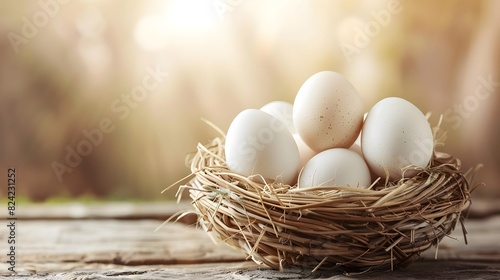 White eggs in basket wicker, sunlight blurred background, copy space. 