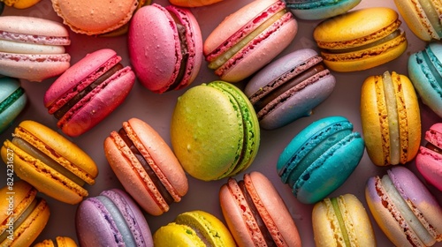 Colorful macaron display for bakery, cafe, or dessert menu. Vibrant colors, round shape, and smooth texture of macarons.