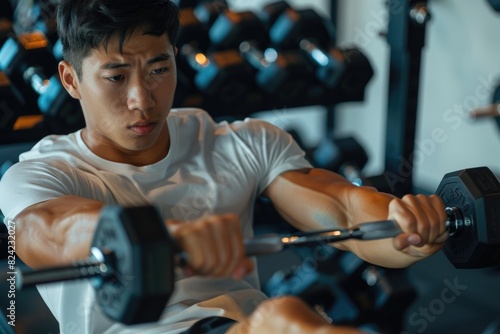 Young people training dumbbells in gyms photo