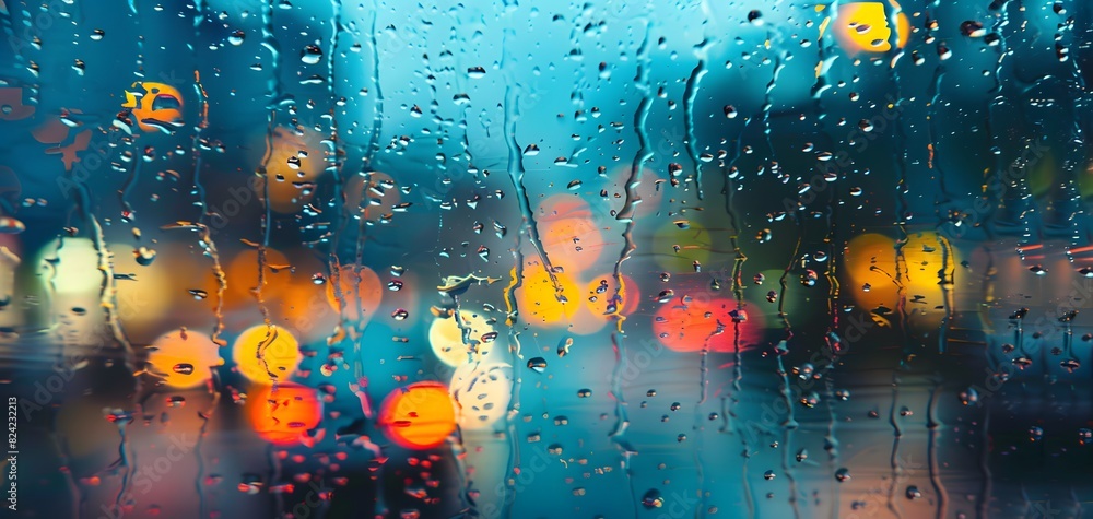 Obraz premium Raindrops on car window and blurry spotlight on background, droplets glass effect. copy space. Wallpaper. 