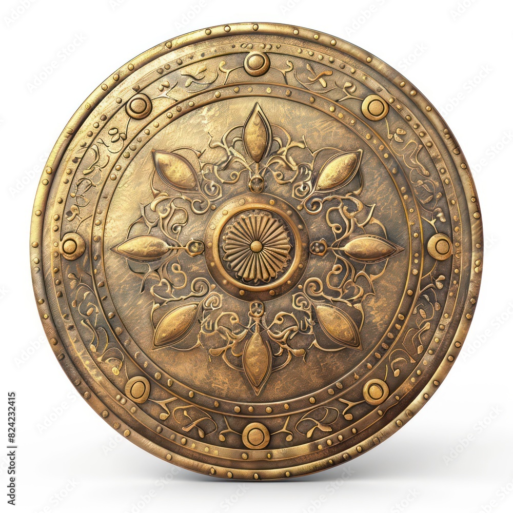 illustration of a medieval metal gold round shield on a white background