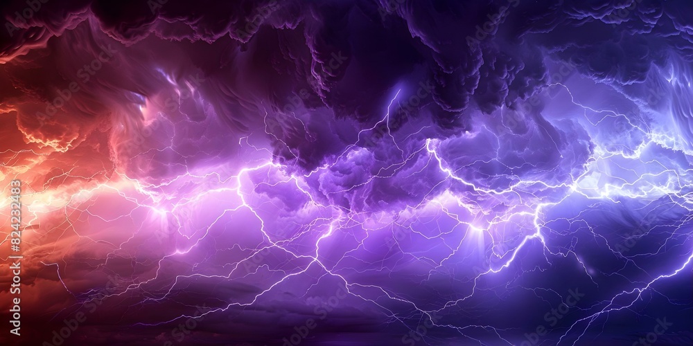 Fototapeta premium Vivid stormy night sky illuminated by fiery clouds and lightning bolts. Concept Stormy Night Sky, Fiery Clouds, Vivid Lightning, Dramatic Weather, Atmospheric Photography