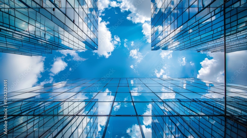 Modern cityscape with reflective skyscrapers. Skyscrapers reflecting the sky and clouds in architectural detail. Modern cityscape with reflective skyscrapers. Skyscrapers reflecting the sky and clouds in architectural detail.