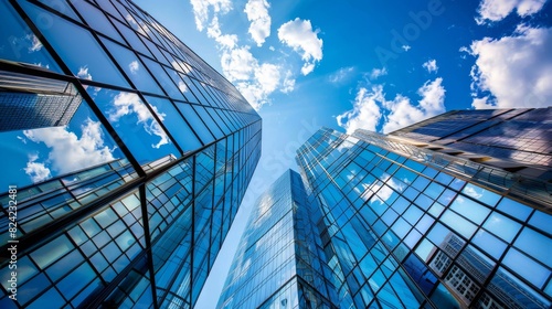 Modern cityscape with reflective skyscrapers. Skyscrapers reflecting the sky and clouds in architectural detail.