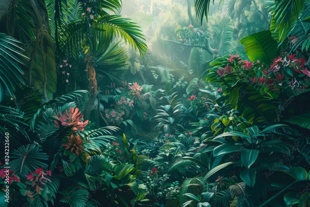 lush tropical jungle with dense foliage exotic flowers and wild animals immersive rainforest panorama