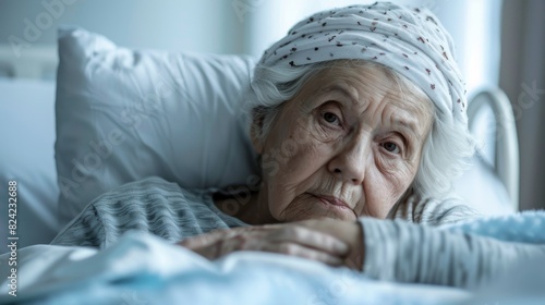  Elderly woman facing illness with strength and hope. Senior healthcare, compassionate nurses, modern hospital room.