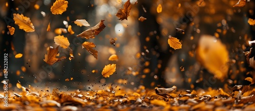 Flying yellow folliage autumn theme, blurred background. Copy space, wallpaper. photo
