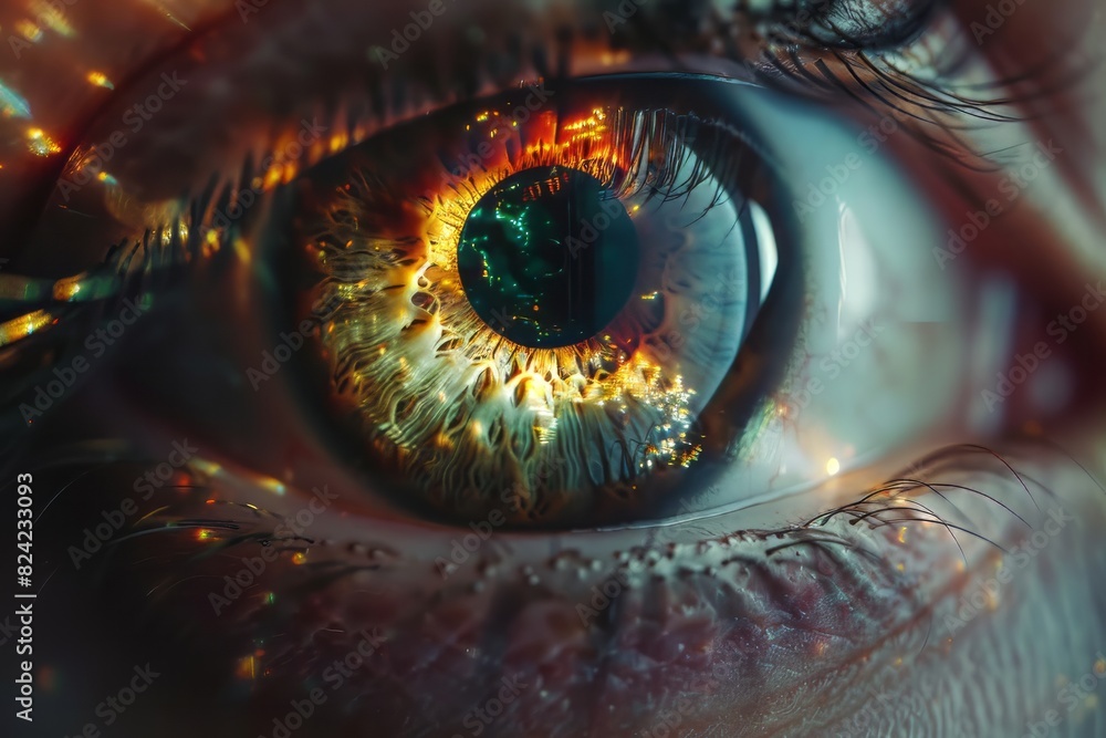 Realistic hologram of human eye and real eye close-up.Laser eye surgery, cataract, ophthalmologist Realistic hologram of human eye and real eye close-up.Laser eye surgery, cataract, ophthalmologist