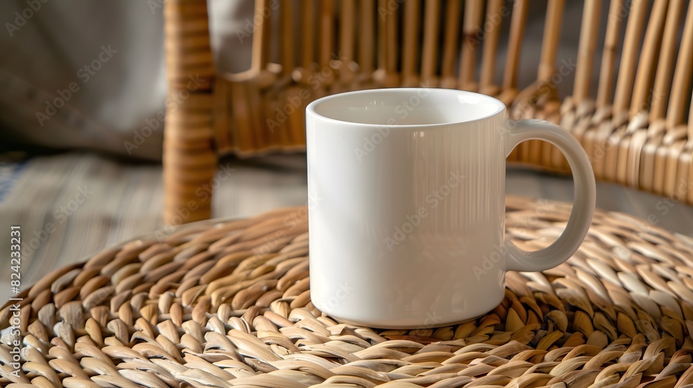 Blank White ceramic mug on wicker placemat for mockup product. Blank White ceramic mug on wicker placemat for mockup product.