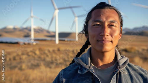 The close up picture of native american environmental consultant with windmill surround by grass under sky, environmental consultant require Environment Knowledge, experience and Adaptability. AIG43. photo