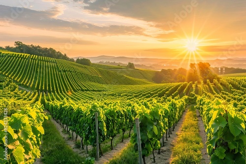 lush vineyard rows bathed in golden sunset light idyllic winemaking landscape panoramic scenery photo