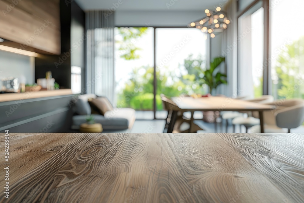 Kitchen table top for product display with blurred modern interior - generative ai Kitchen table top for product display with blurred modern interior - generative ai