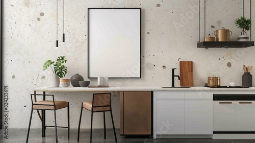 Mock-up poster frame in kitchen interior with terrazzo wall background
