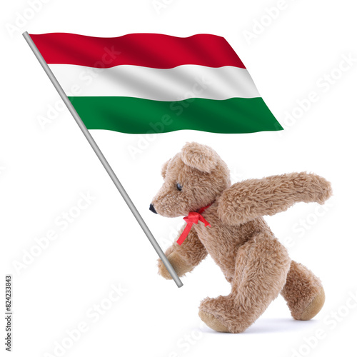 Hungary flag being carried by a cute teddy bear