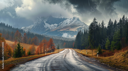 road to high tatra mountain ridge in stormy weather with rain cloud background photo
