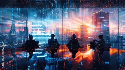 Double exposure digital hologram of an office meeting room with business people sitting around a table and a futuristic cityscape