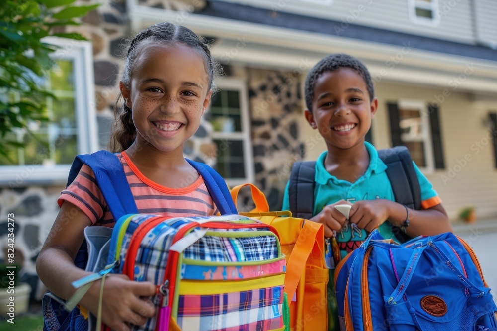 Happy Children Packing colorful Back pack, book bag, School Supplies, Excited Happy Children Packing colorful Back pack, book bag, School Supplies, Excited
