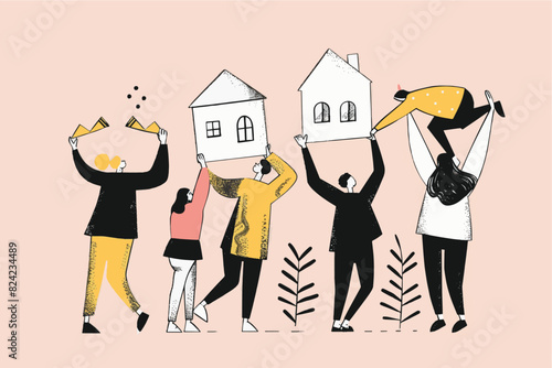 a group of people holding up mouses over their heads. Property ownership and investment