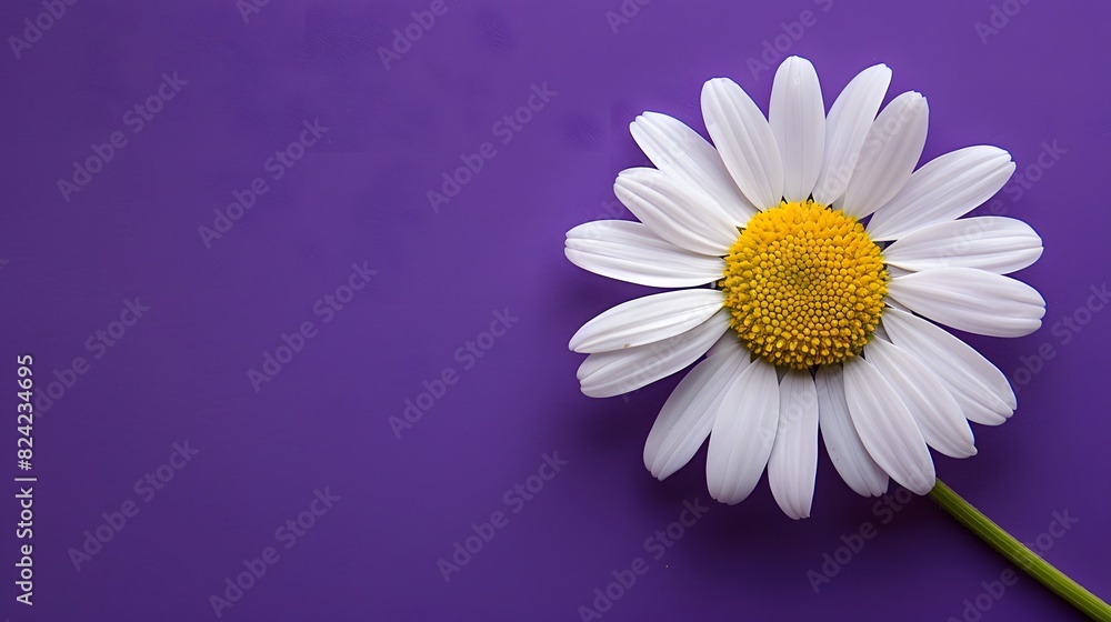 Beautiful daisy flowers with stem on purple background, spring time, copy space for text, top view, flat lay. Beautiful daisy flowers with stem on purple background, spring time, copy space for text, top view, flat lay.