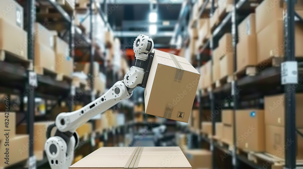 Industrial robot arm grabbing the cardboard box on roller conveyor rack ...