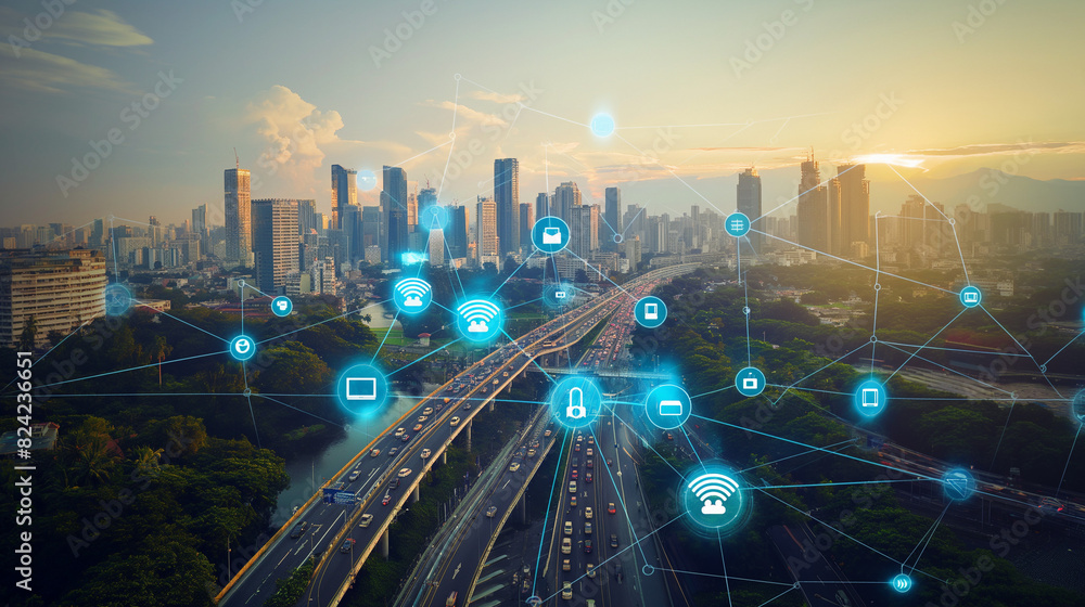 A smart city park equipped with IoT-enabled benches, interactive kiosks, and ICT-driven surveillance systems, with people engaging with augmented reality A smart city park equipped with IoT-enabled benches, interactive kiosks, and ICT-driven surveillance systems, with people engaging with augmented reality