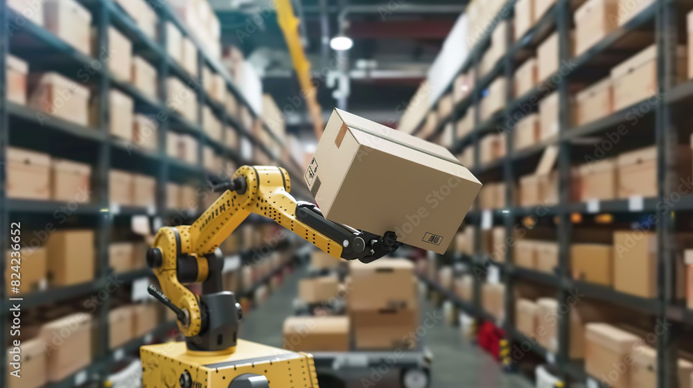 Industrial robot arm grabbing the cardboard box on roller conveyor rack with storage warehouse background. Technology and artificial intelligence innovation Industrial robot arm grabbing the cardboard box on roller conveyor rack with storage warehouse background. Technology and artificial intelligence innovation