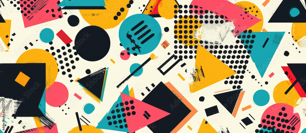 Abstract pattern with colorful geometric shapes and lines, including circles, triangles, squares, dots and irregular figures on a white background Abstract pattern with colorful geometric shapes and lines, including circles, triangles, squares, dots and irregular figures on a white background