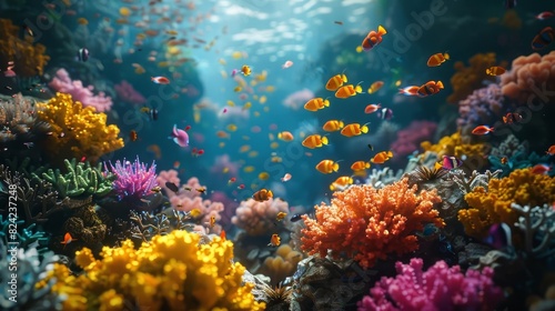 Illustrate a vibrant underwater scene showcasing the diversity of marine life in a wellprotected ocean area, Close up © Nawarit