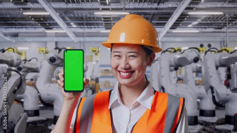 Close Up Of Asian Female Engineer With Safety Helmet Smiling And Showing Green Screen Smartphone To The Camera With Robotic Arms Close Up Of Asian Female Engineer With Safety Helmet Smiling And Showing Green Screen Smartphone To The Camera With Robotic Arms