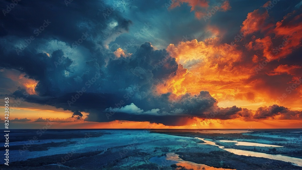 A nature sunset with clouds and mountains in the background. Sky landscape over a body of water with clouds and a sunset.