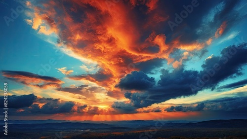 A nature sunset with clouds and mountains in the background. Sky landscape over a body of water with clouds and a sunset.