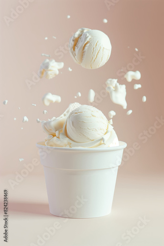 A blank white vanilla ice cream cone mockup, template with two ice cream balls in the air. The image has a playful and fun mood. Empty cone with copy space for tex and logo
