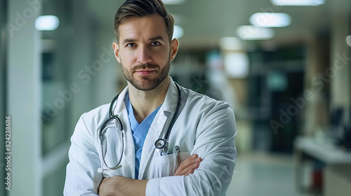 man doctor medic professional in white coat, stethoscope standing with arms crossed on chest looking at camera