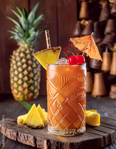 Iced Mai Tai in a tall tiki glass with a paper umbrella, wedge of pineapple, garnished with cherry. In a tiki bar background.