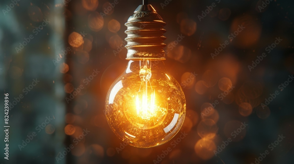 A light bulb is lit up and is hanging from a string, energy crisis concept A light bulb is lit up and is hanging from a string, energy crisis concept