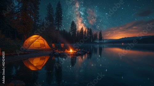 A small tent is set up next to a lake