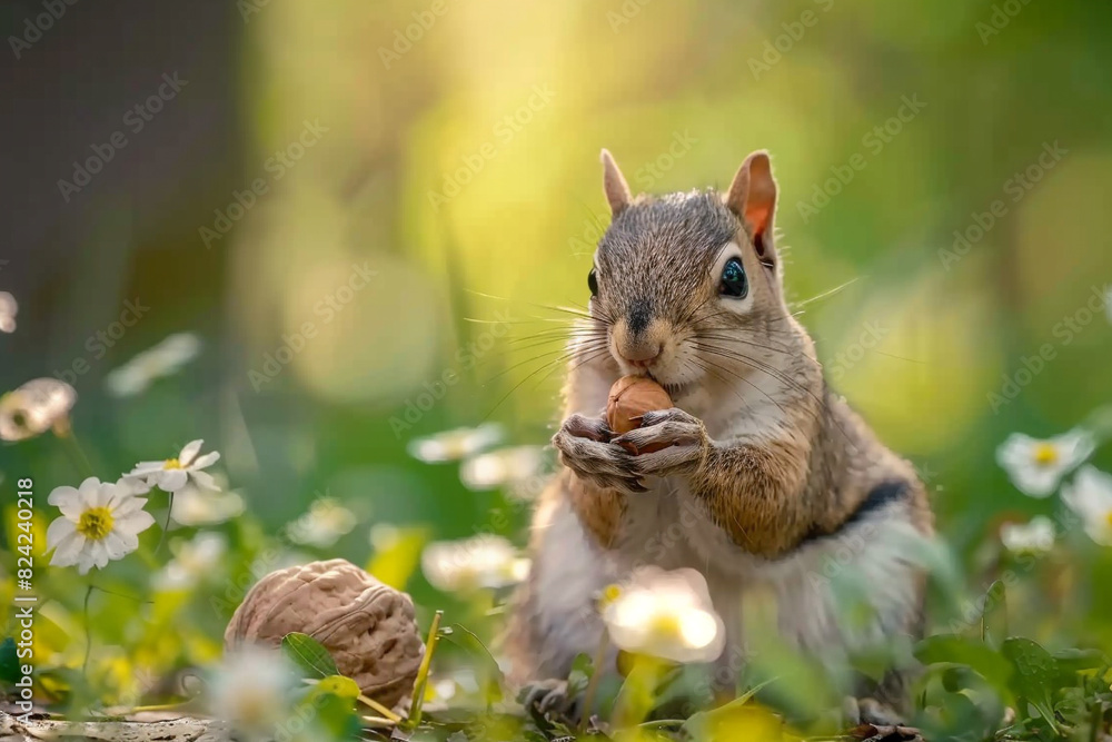 Squirrel eating a nut in green spring forest. Squirrel eating a nut in green spring forest.